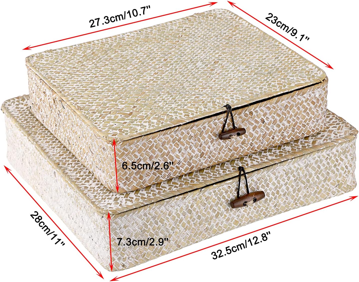Flat Woven Wicker Storage Bins / Small+large / Whitewash / Natural / Set of 2