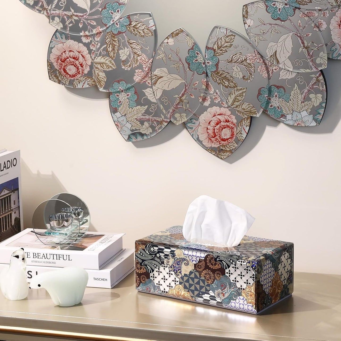Glass Tissue Box Cover -Patchwork Pattern Decorative Tissue Holder / Patchwork-blue / Rectangle