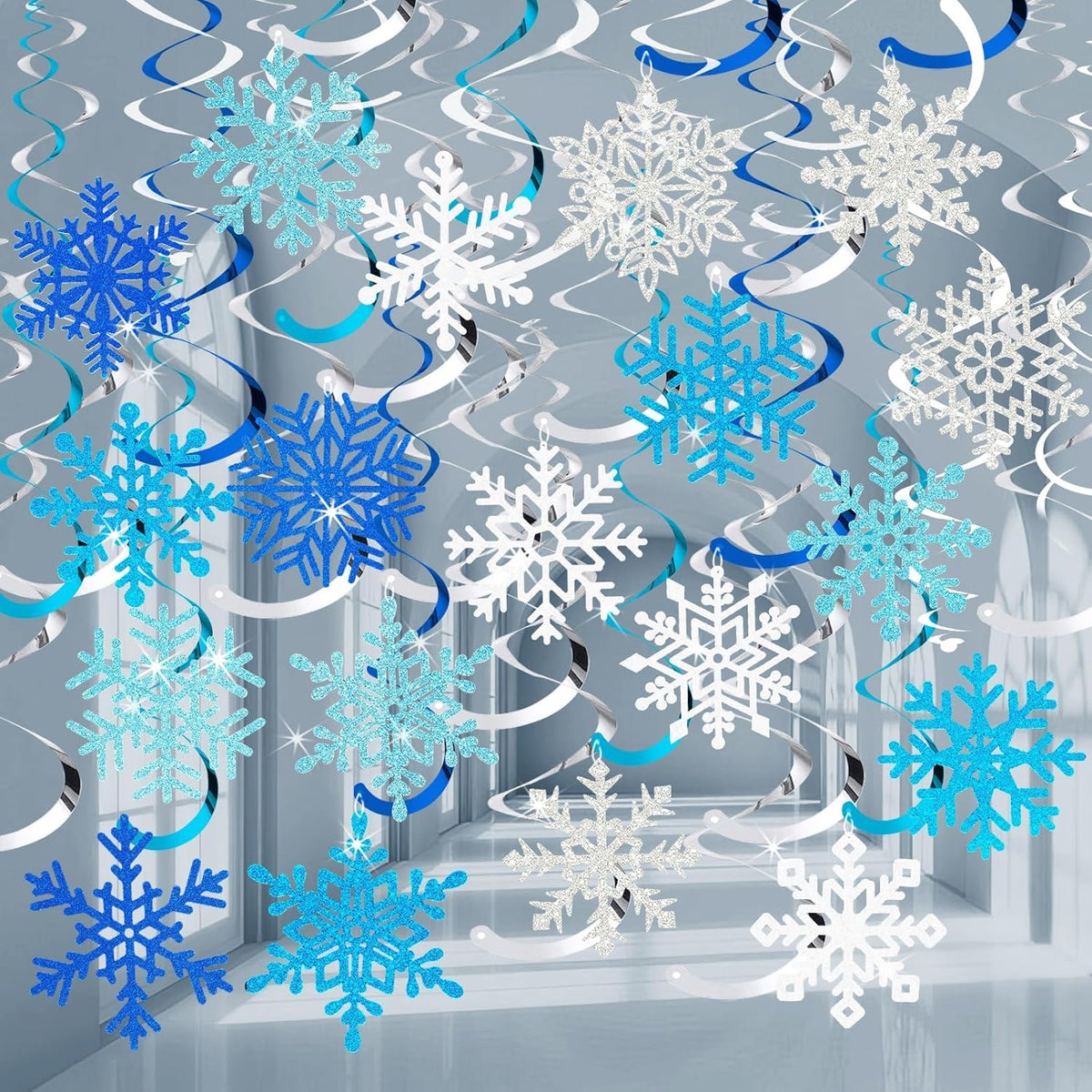 Snowflake Decorations, Christmas Hanging Decor, 30 Glitter Snowflake Swirls