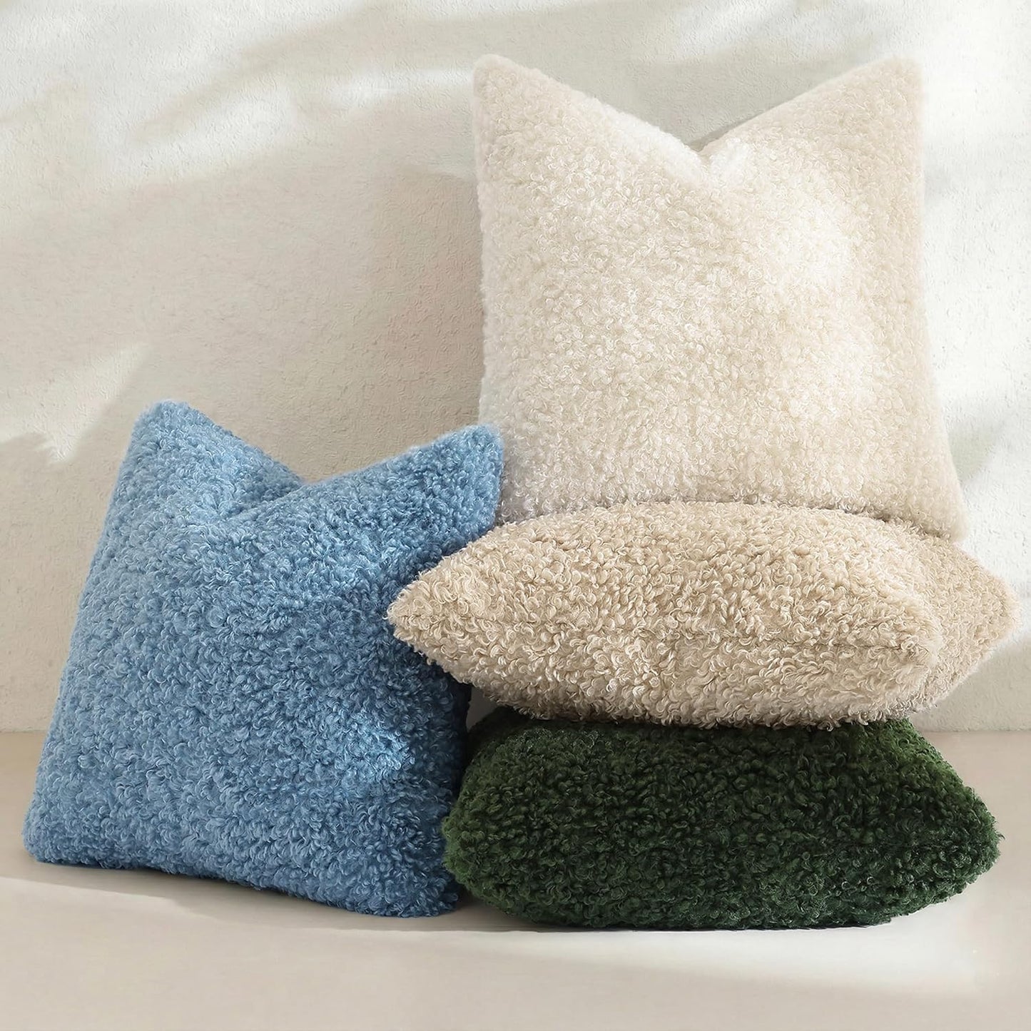 Faux Fur Decorative Sherpa Pillow Covers Fuzzy Accent Soft / Light Blue / 20 x 20 / Set of 2
