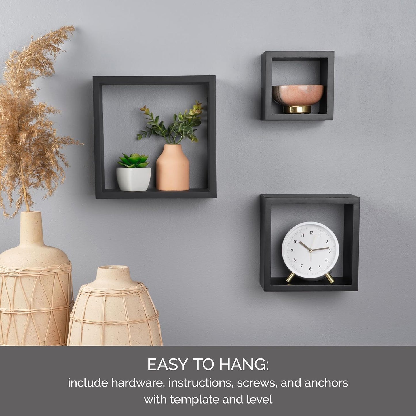 Floating Wall Square Cube Shelves / Black / Set of 3