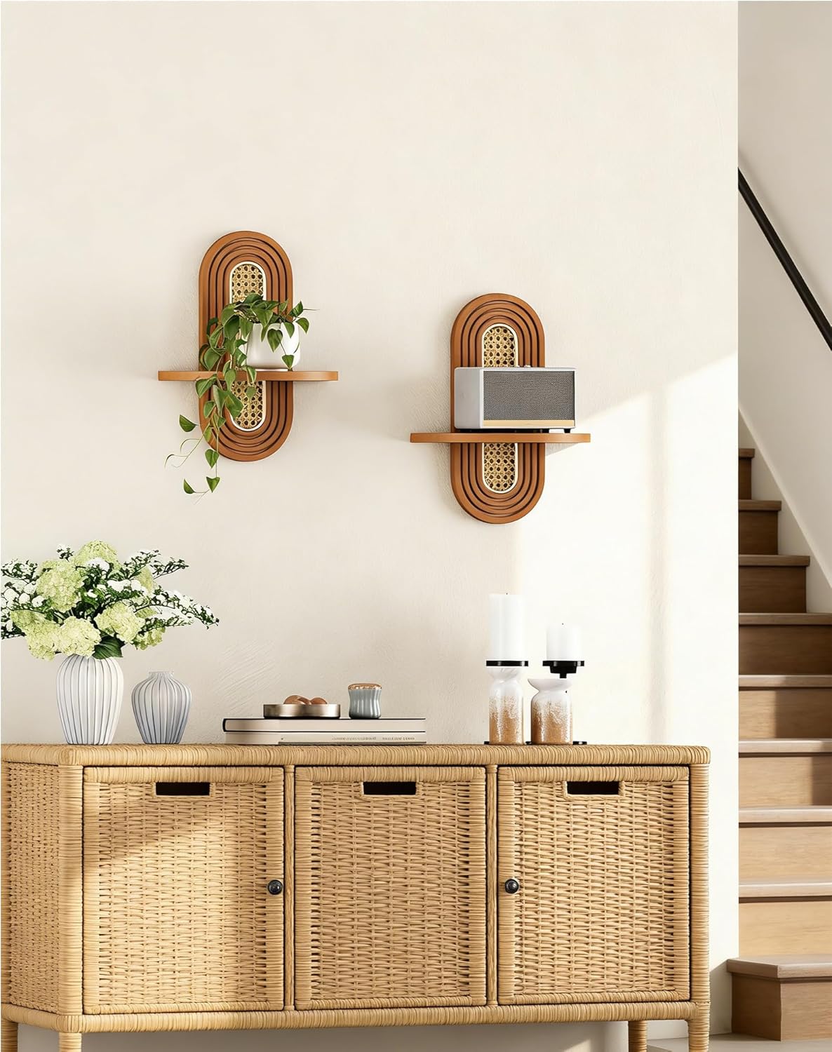 Floating Shelves / Rattan Plant Shelf / Walnut / Set of 2