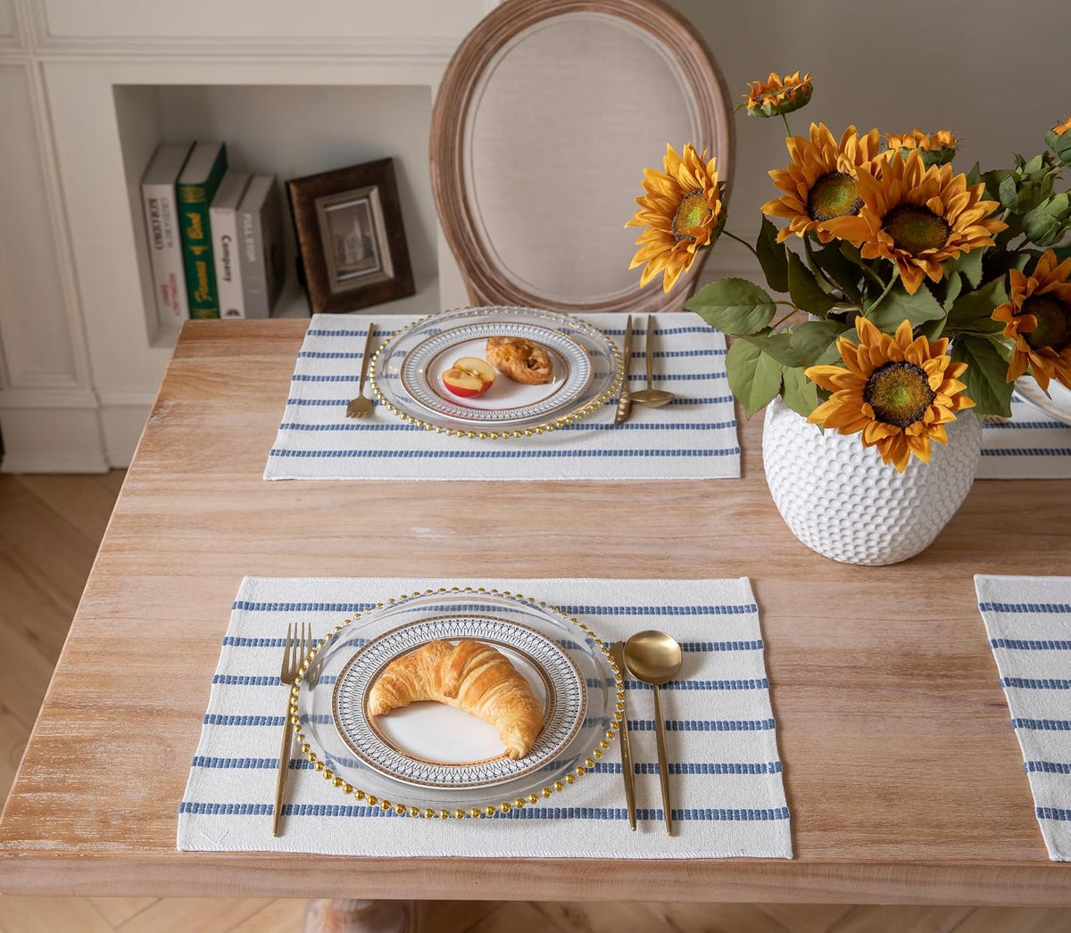 Caflife Boho Farmhouse Placemats Set of 6, Blue Stripes Cotton Linen Woven Table Mats for Modern Dining Table, 13x19