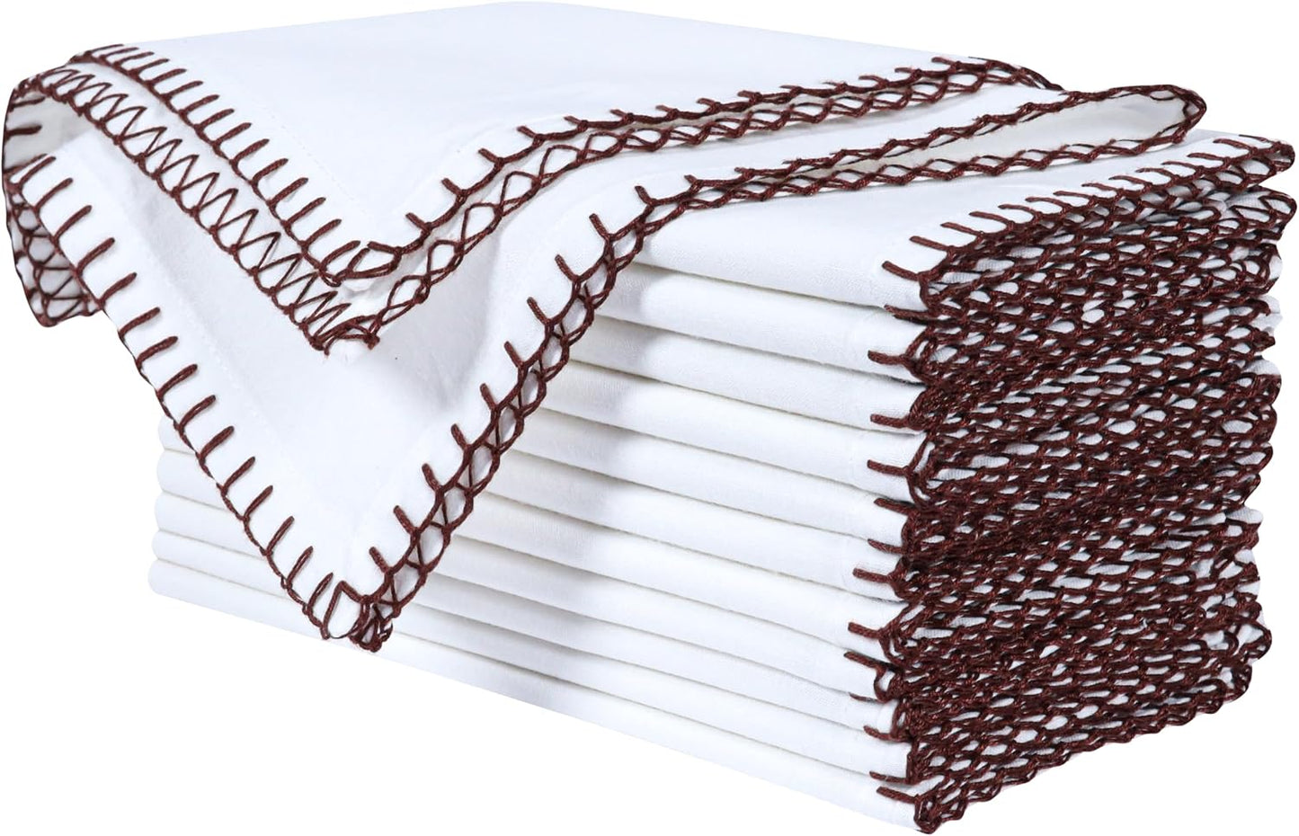 Bedding Craft Cotton Cloth Dinner Napkins Set of 12 – 18x18 Hot Chocolate Brown Cloth Napkins with Blanket Stitch