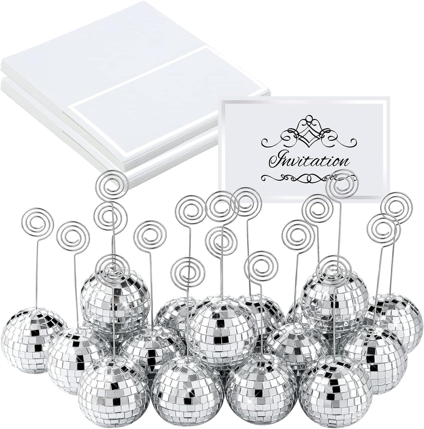 Maitys 20 Set Disco Ball Table Number Holders Silver,180pcs/60 Set,2 Inch | Swirl Wire Clips for Place Cards, Name