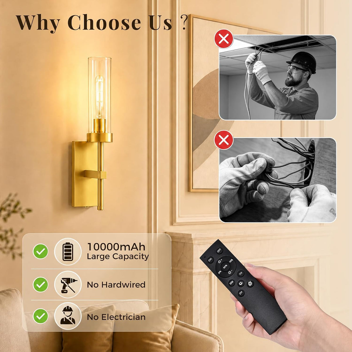 10000mAh Battery Operated Wall Sconces Set of 2, Gold-17 Inch | Warm White, Renter Friendly, Dimmable, Remote