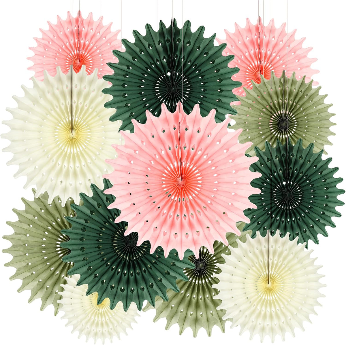 BestoFun 12PCS Pink Sage Green Hanging Paper Fans Decoration – Thin Tissue Paper Honeycomb Fan Ornaments, Hanging Fans for Wedding, Birthday, Baby Shower, Home & Party Décor