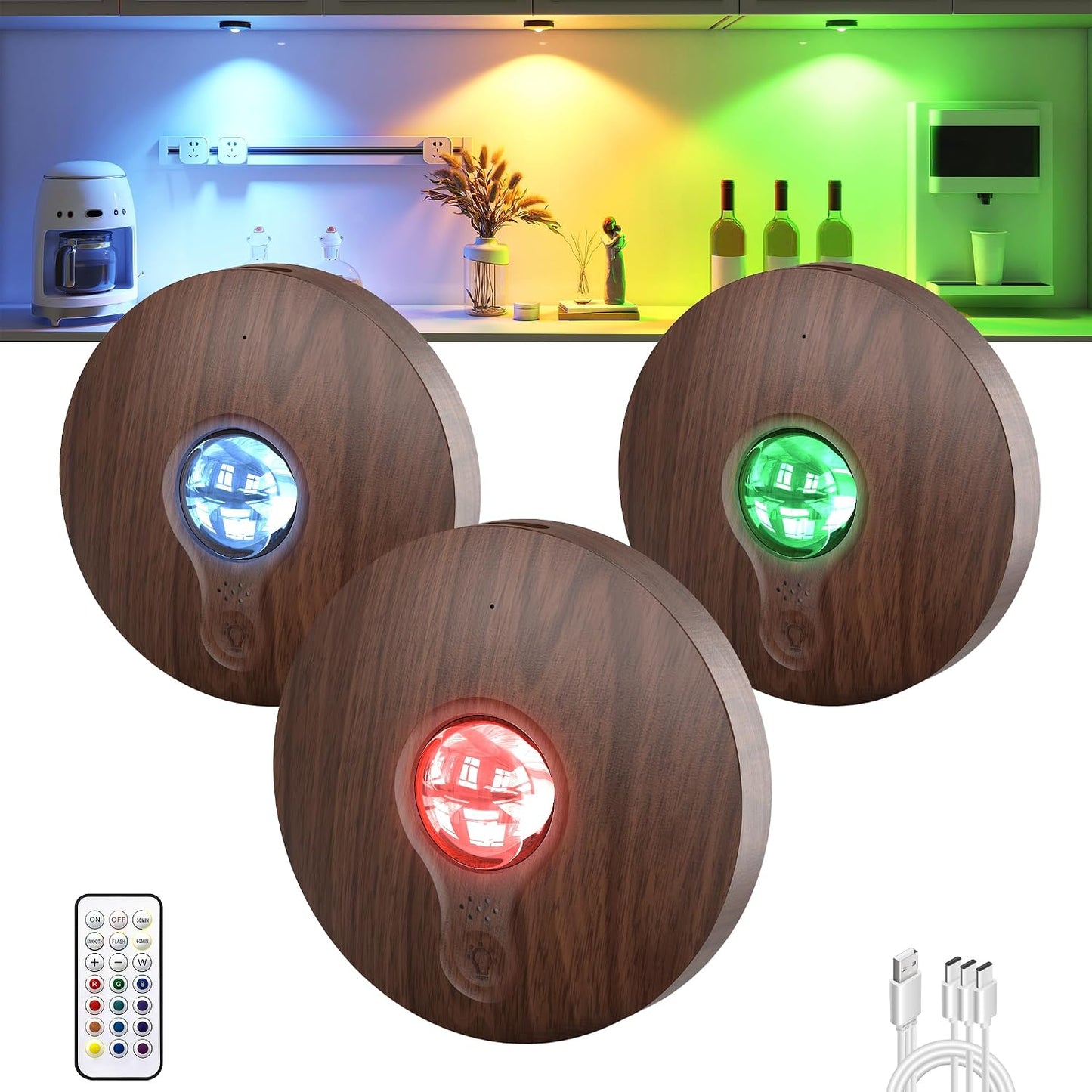 UNUSROOM Rechargeable RGB Puck Lights with Remote Control, Wireless Under Cabinet Lighting,13 Color Changing Lights