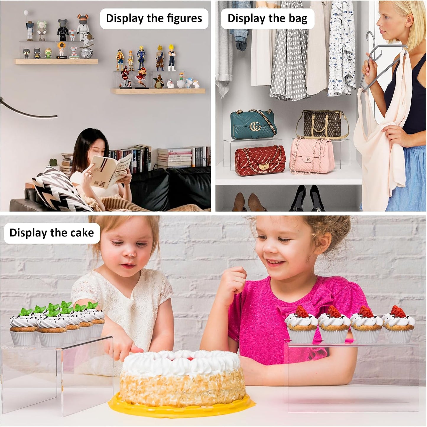 Sezanrpt Acrylic Shelf Riser 12x5.9x6 pack of 2, Large Acrylic Risers for Desserts, Cupcake, Toys, Collectibles