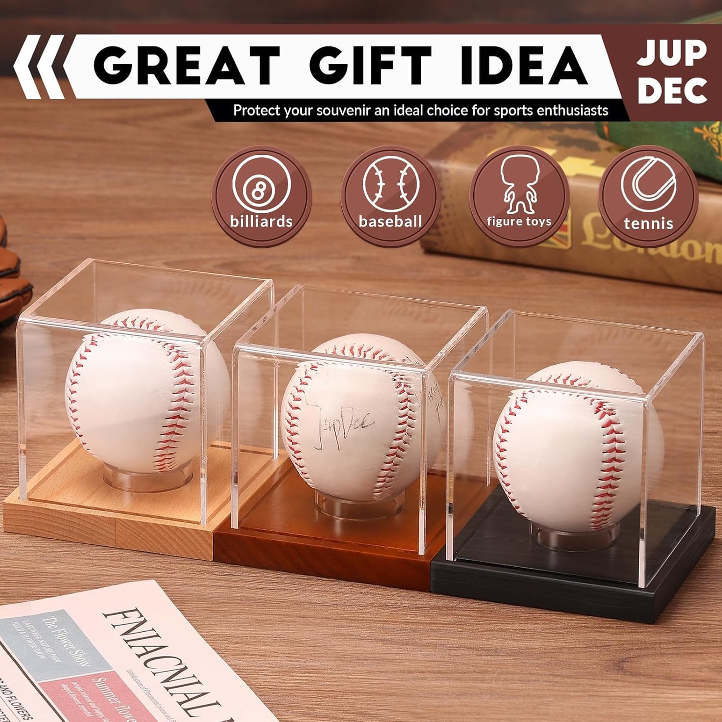 Baseball Display Case, Clear Cube Baseball Holder with Wooden Base, Autograph Baseball Stand Box for Single Ball