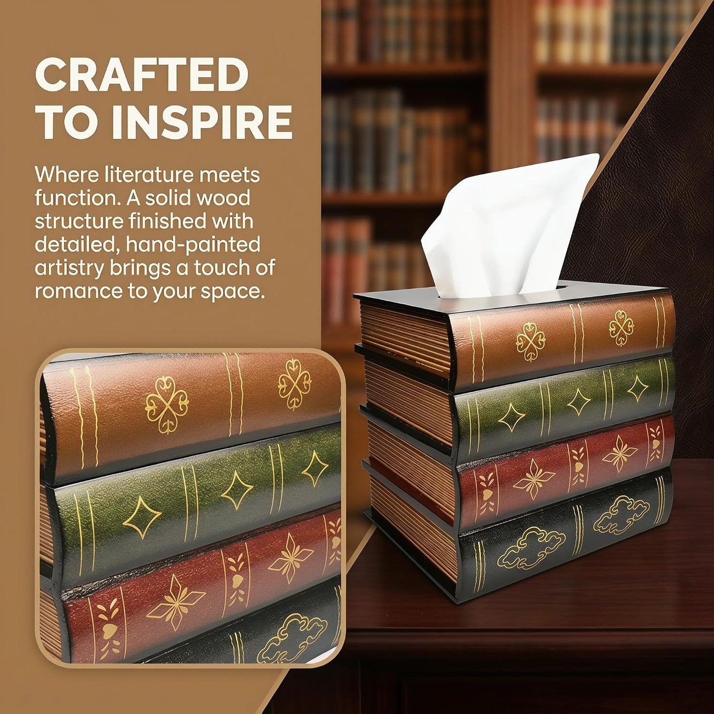 Hand-Made Retro Wooden Antique Book Tissue Box Cover Square Tissue Holder Dispenser Paper / Coffce