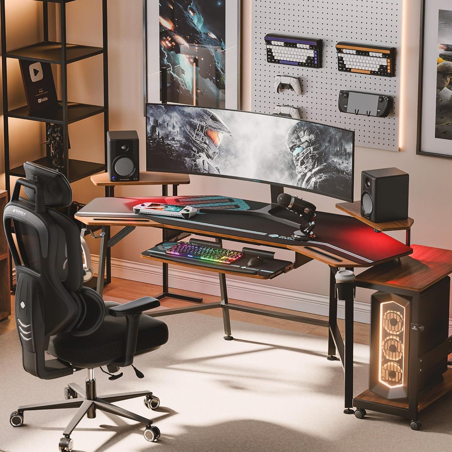 EUREKA ERGONOMIC Gaming Desk Wing Shaped Keyboard Tray 72 Inch Walnut | LED monitor stand with dual headphone hooks and