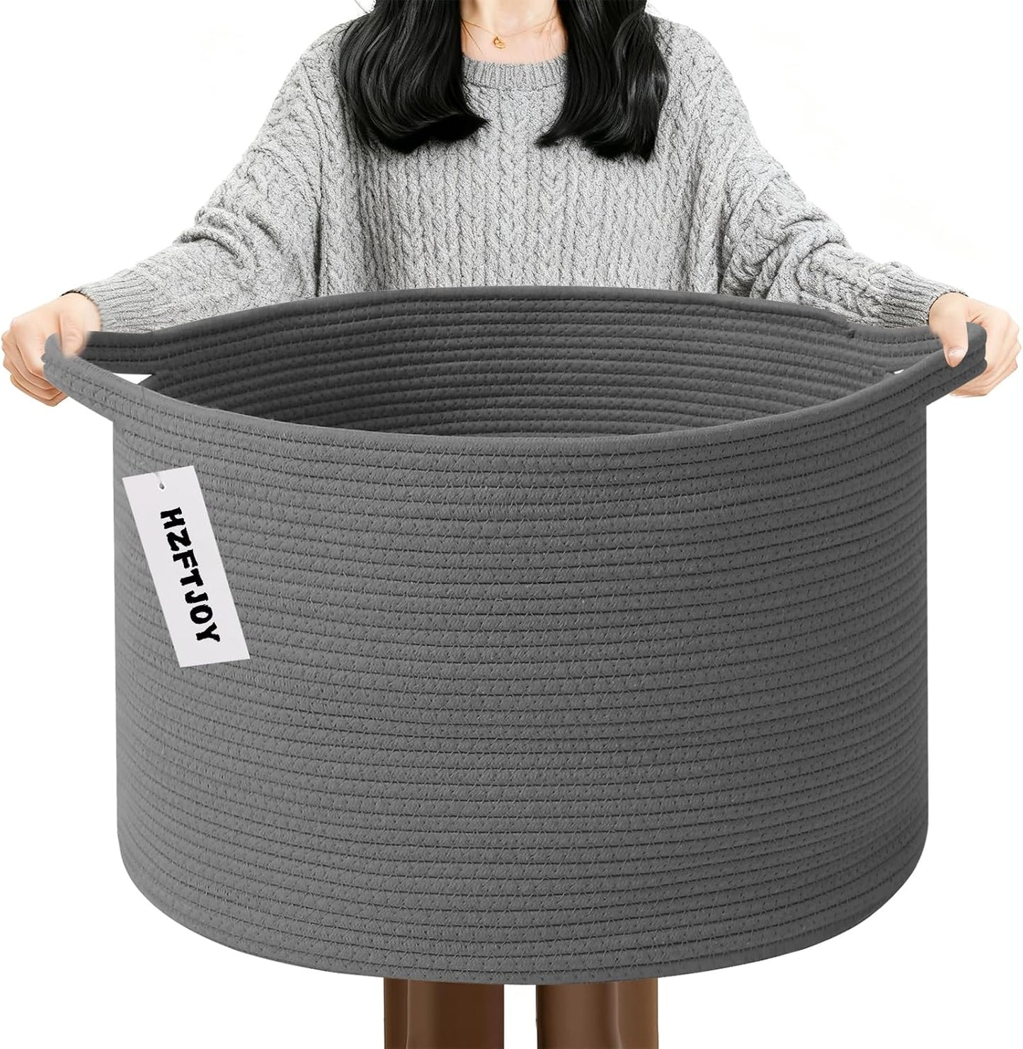 65L Large Blanket Basket,Woven Rope Laundry Basket-Dark Grey