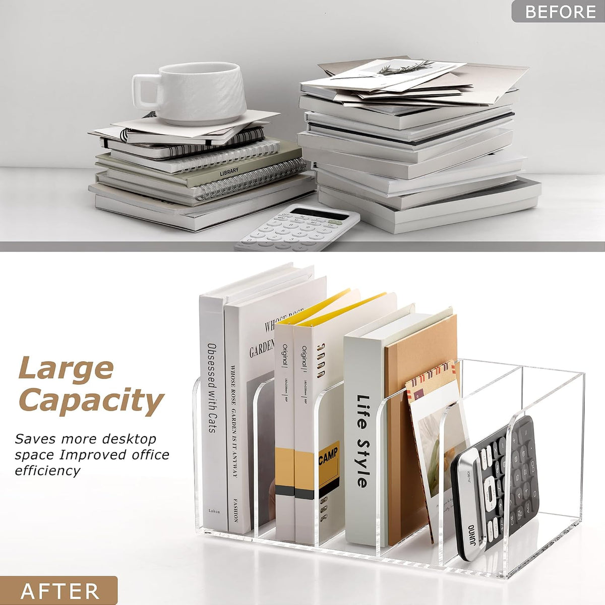 SANRUI Acrylic Magazine Holder Desk Organizer Workspace Sorters, Clear Bookend File Sorter Folder Rack For Home Office