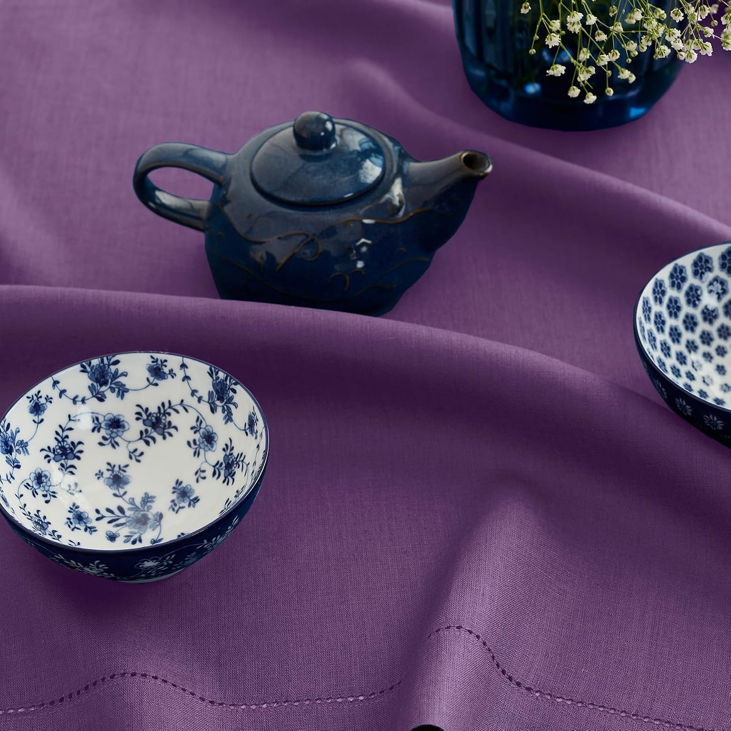 Solino Home 100% Linen Tablecloth Purple, Classic Hemstitch 60 x 108 in | Linen Table Cloth for 6-8 seater dining