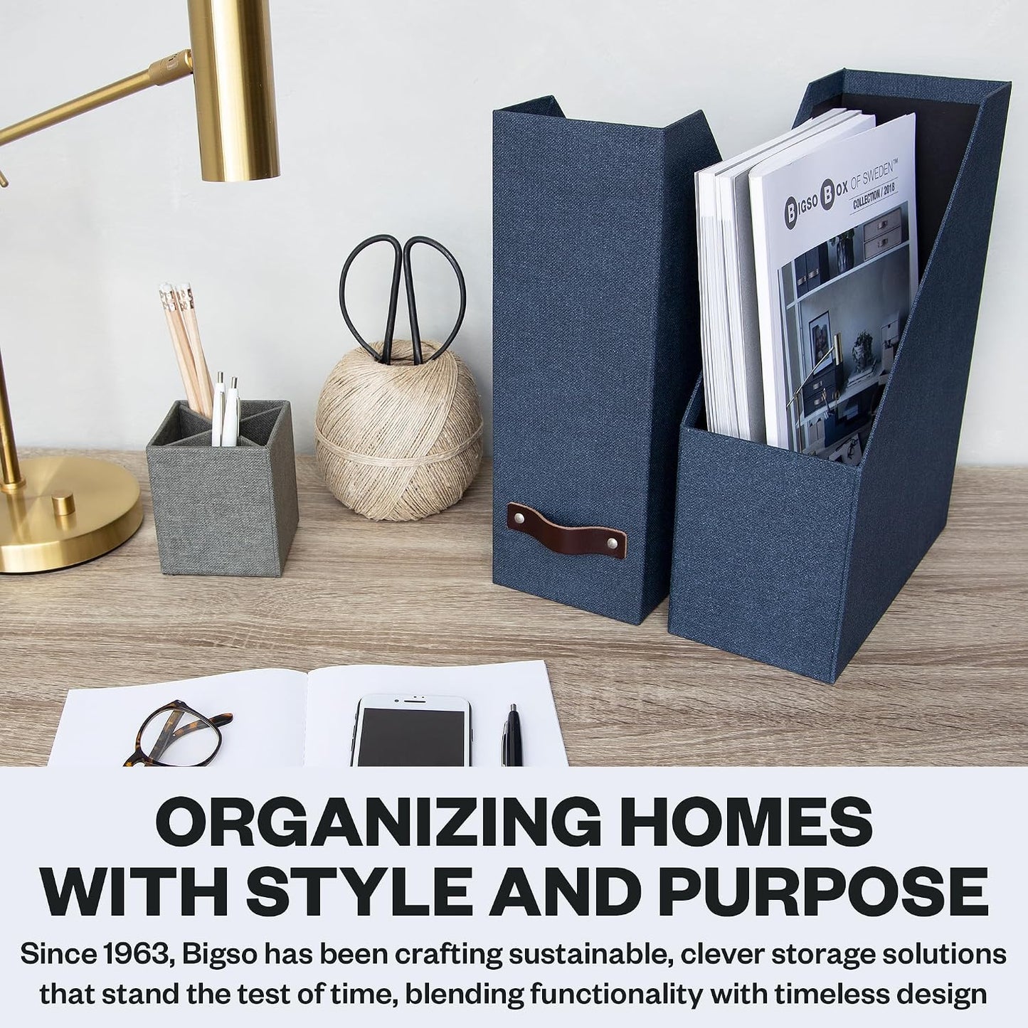 Bigso Box of Sweden Estelle Canvas Fiberboard Upright Magazine Holder and Organizer for Papers and Catalogs with