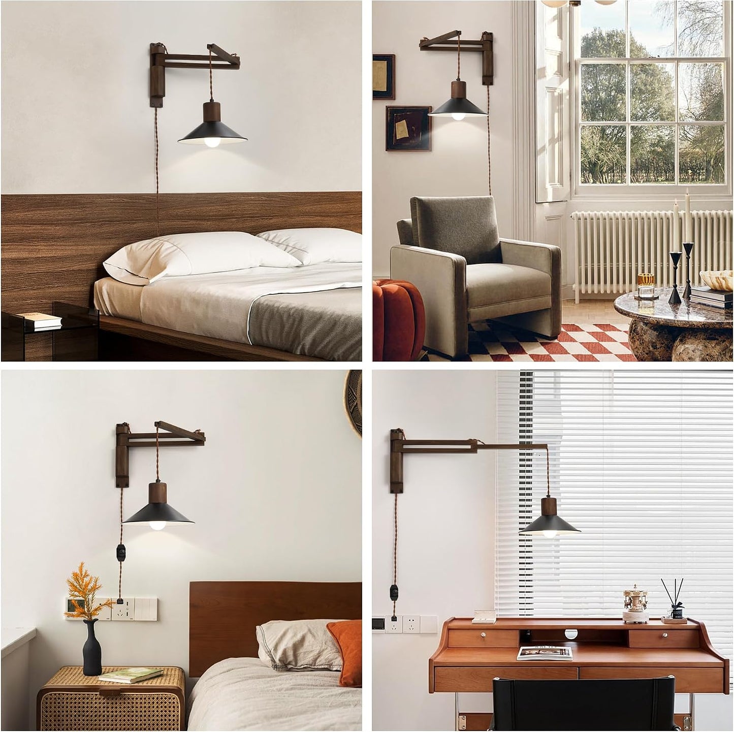 maesta Plug in Wall Lamp, Wood Swing Arm Wall Sconce for Bedroom | Swing Arm Wall Lamp, Natural Wood Finish with Corded