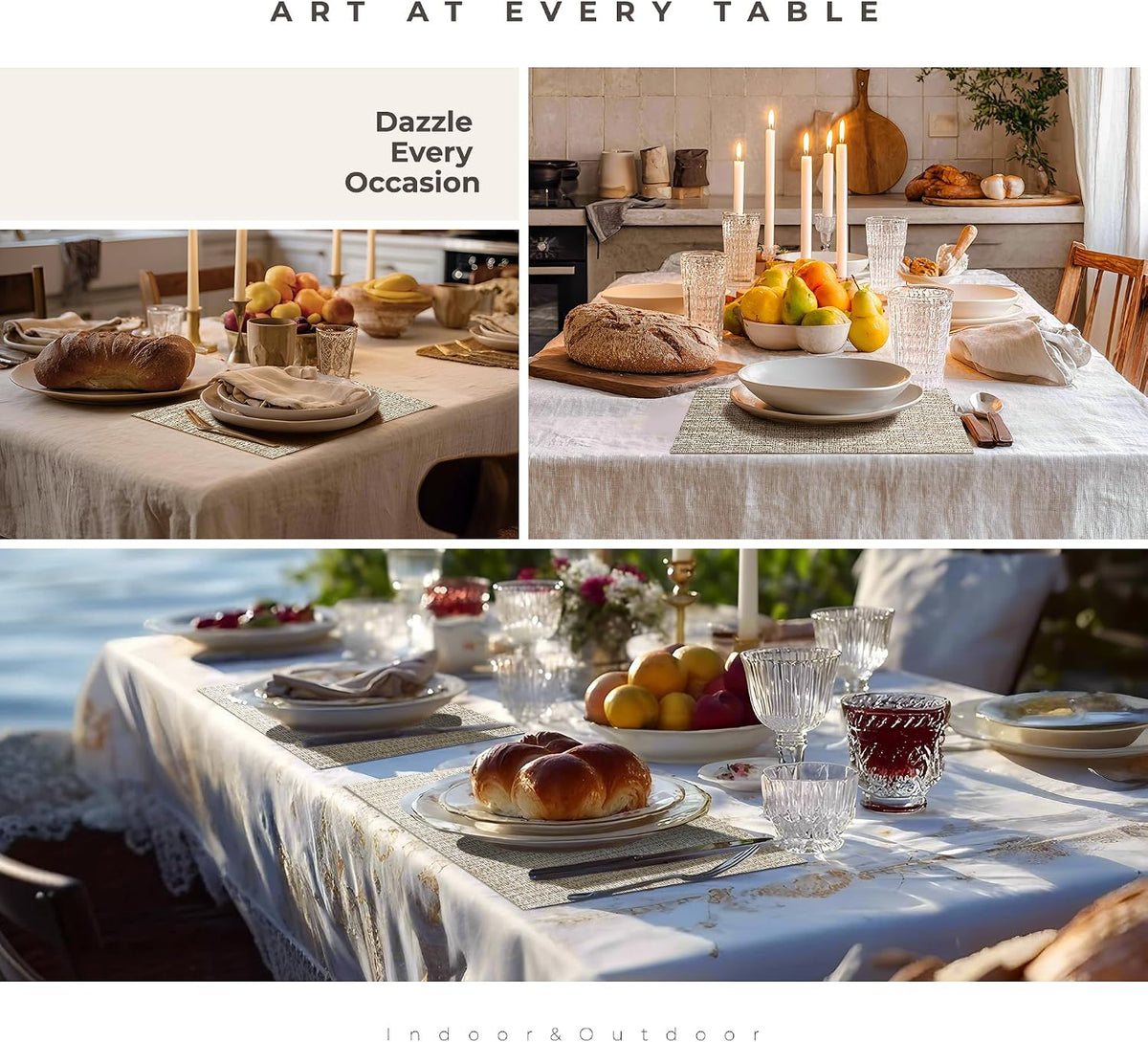 Leetaltree Woven Vinyl Placemats Set of 12,Beige and Gold | High Density,Stain Resistant, Easy to Clean, Washable Table