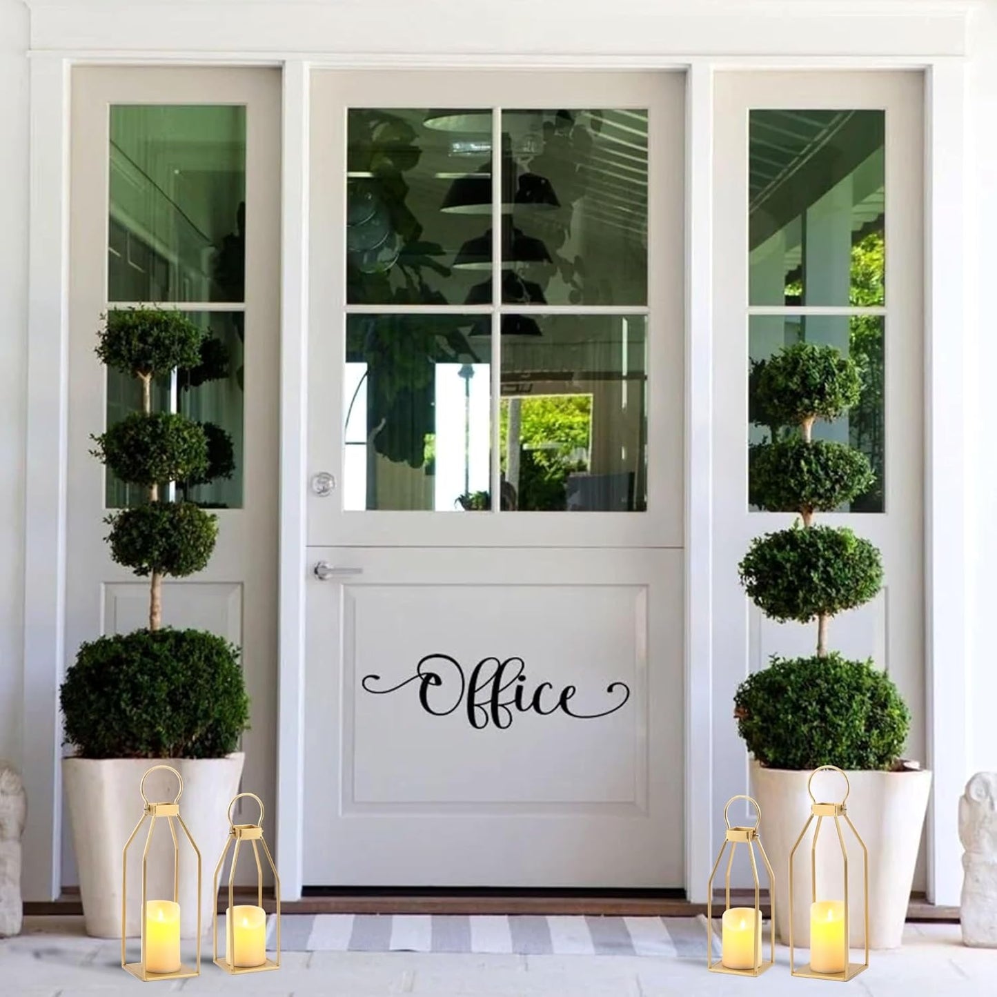 Perfnique Modern Farmhouse Lantern Decor, 15'' 12.6'' Set of 2 Gold Metal Lanterns, 2 LED 6hr Timer Flameless Candles &