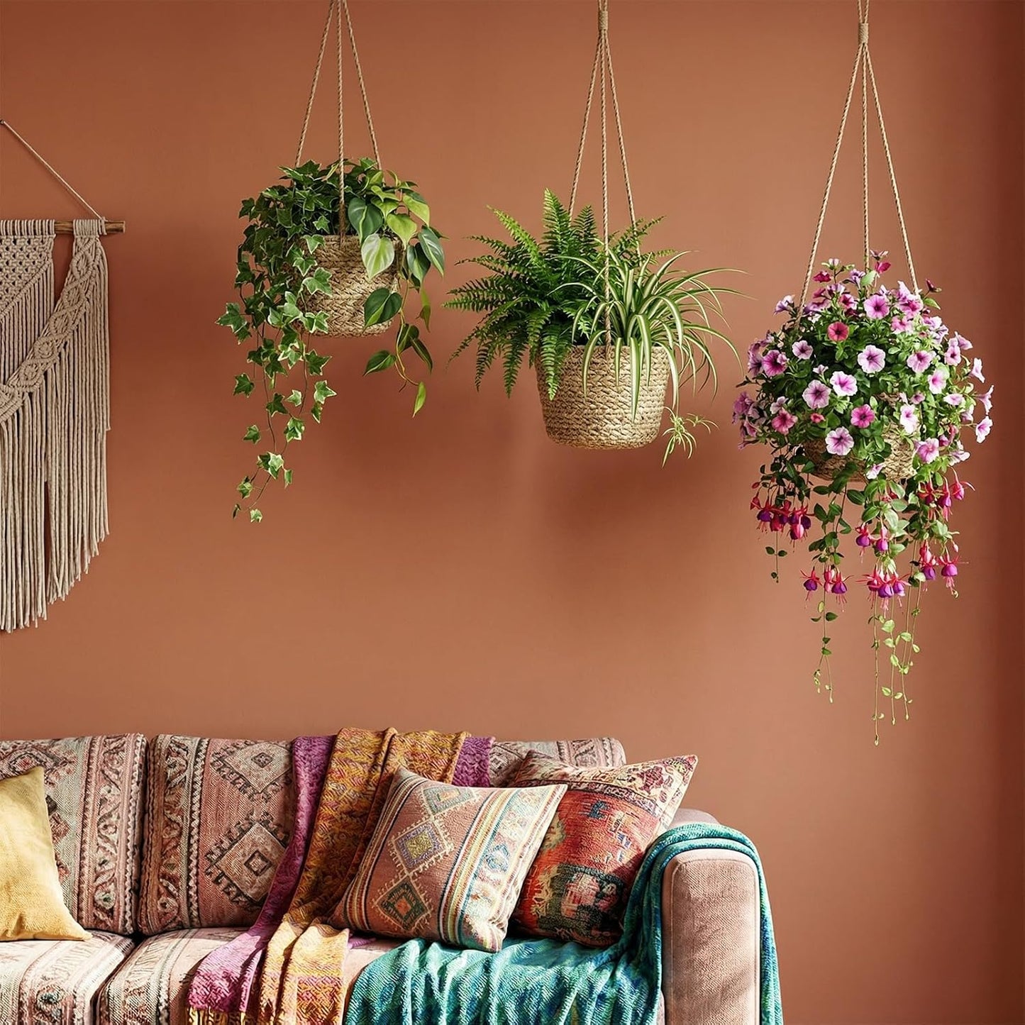 Seagrass Hanging Planter Basket Hand Woven Plant Basket / Brown / Small / Set of 6