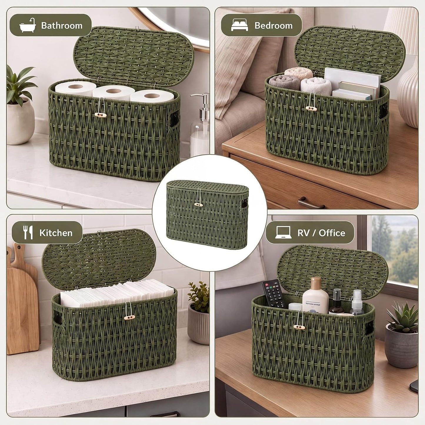 Lid and Built-in Handles Woven Bathroom Basket Toilet Paper / Sage Green / Modern / Wicker