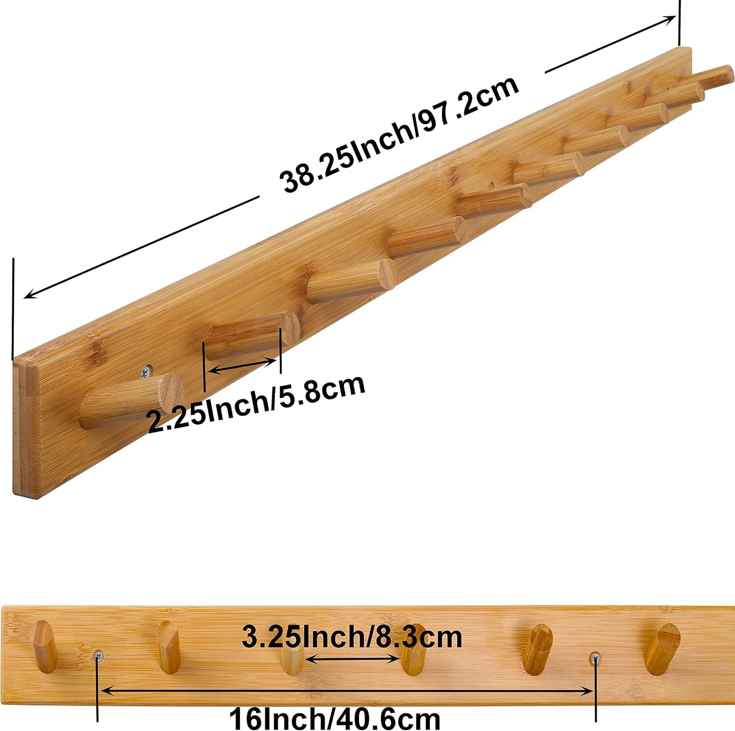SKOLOO Wall Mounted Coat Rack 38", 10 Hooks, Bamboo, Shaker Style, Natural | Wood wall hooks, painted finish, 100-lb