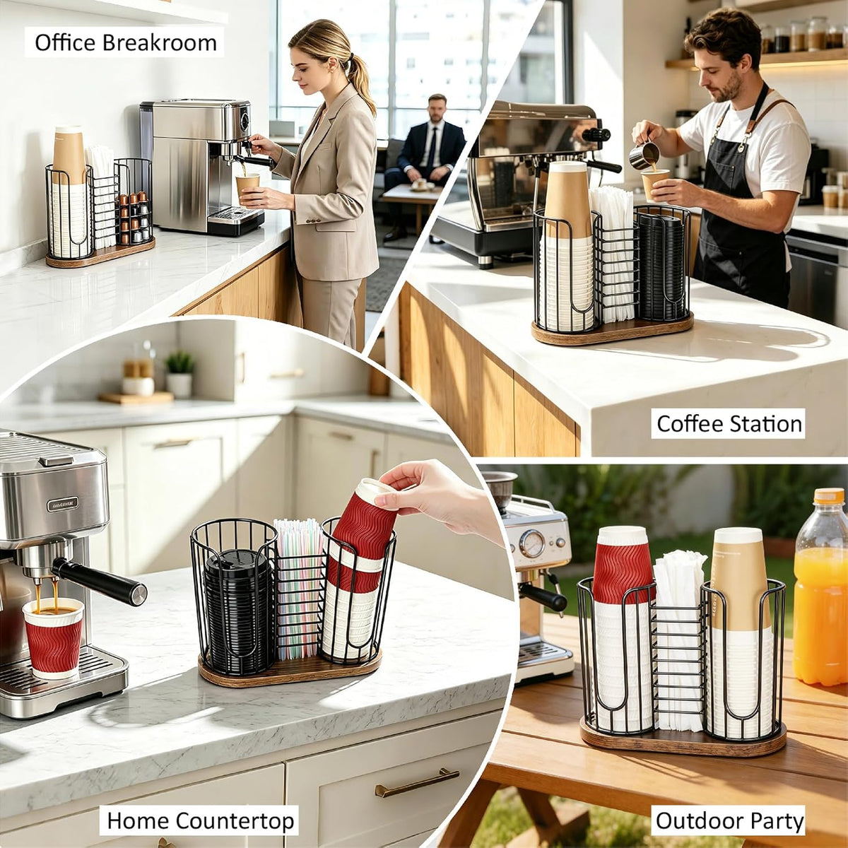 Coffee Cup Holder, 3-in-1 Disposable Cup, Straw & Lid Organizer | Paper Cup Dispenser Rack with Wooden Base, Dispenser