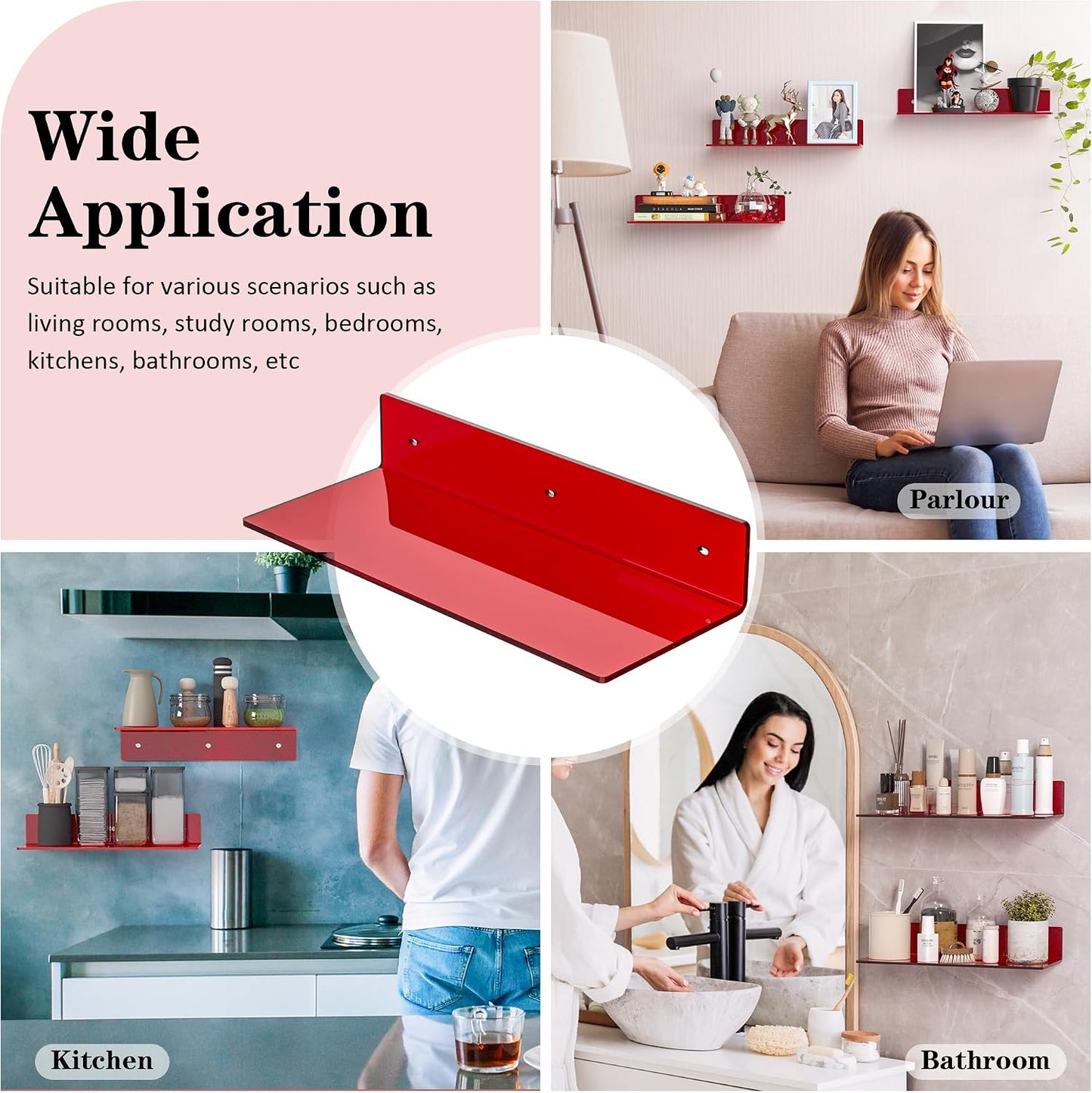 Sezanrpt 15 Inches Red Acrylic Shelves, Wall Mounted Shelves for Bedroom, Wall Display Shelves for Collectibles, Funko