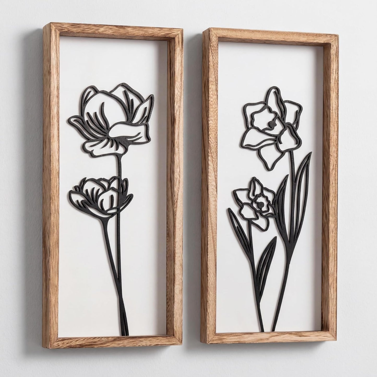 3D Black and White Wall Art (Set of 2) Lightweight, Wooden Ready-to-Hang Framed Floral Wall Art for Bathroom, Bedroom