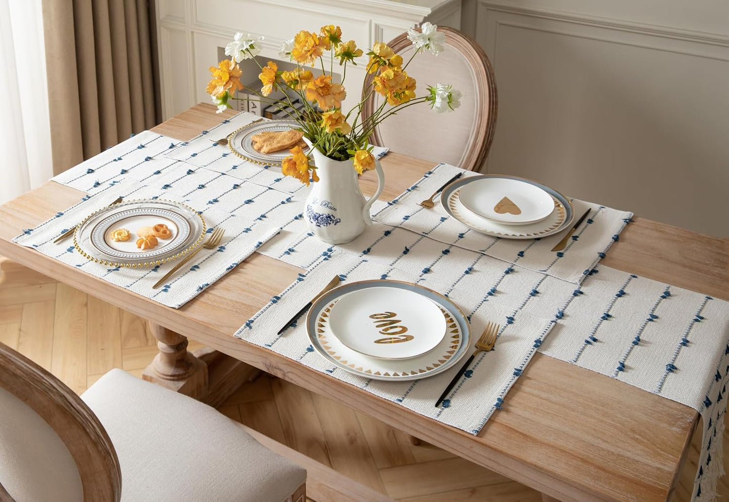 Boho Placemats Set of 6 for Dining Table Decor, Woven Cloth Place Mats for Farmhouse Rustic Kitche Home Decor, Cotton