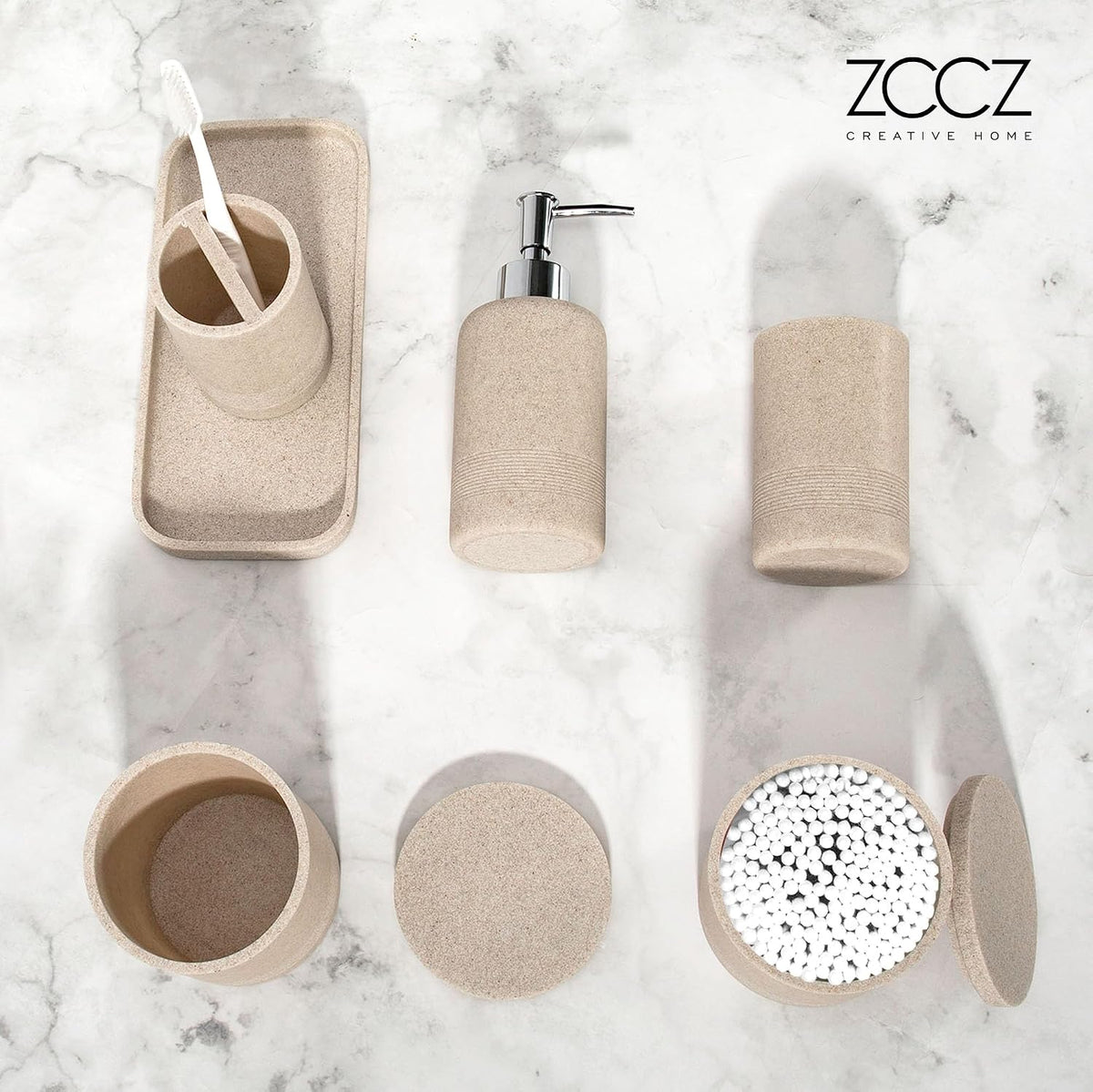 Beige Bathroom Accessories Set 6 Pieces - Toothbrush Holder, Lotion Dispenser, Qtip Container, Vanity Tray, Tumbler