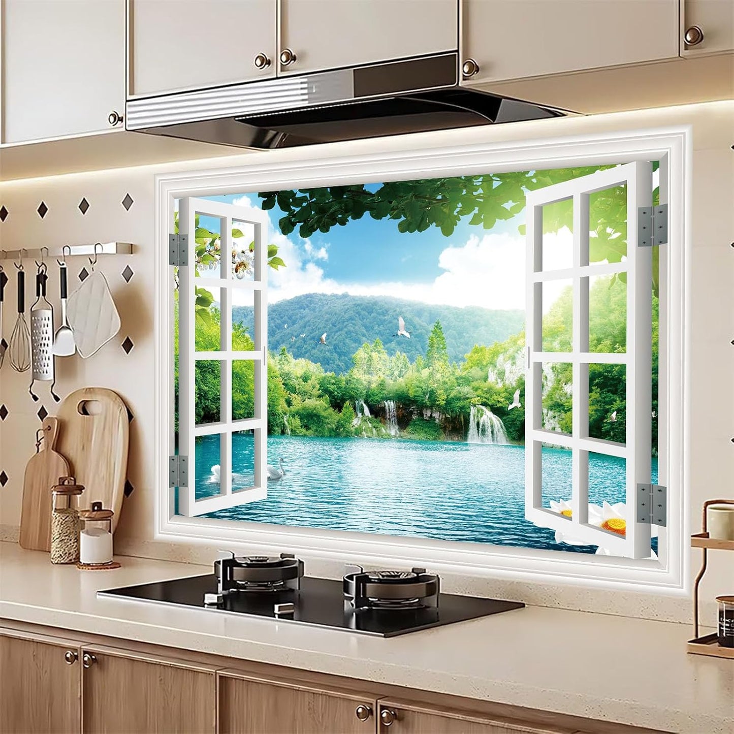  Fake Window Wall Mural -Spring Lake Landscape Peel and Stick Wall Sticker Decal / Ly-01 / 48 x 32