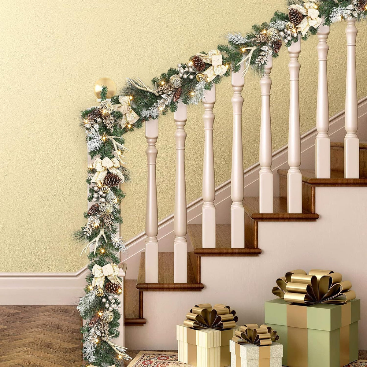 Garvee 6 Feet Christmas Garland with Lights for Mantle, Battery Operated Outdoor Christmas Garlands with Antlers Gold