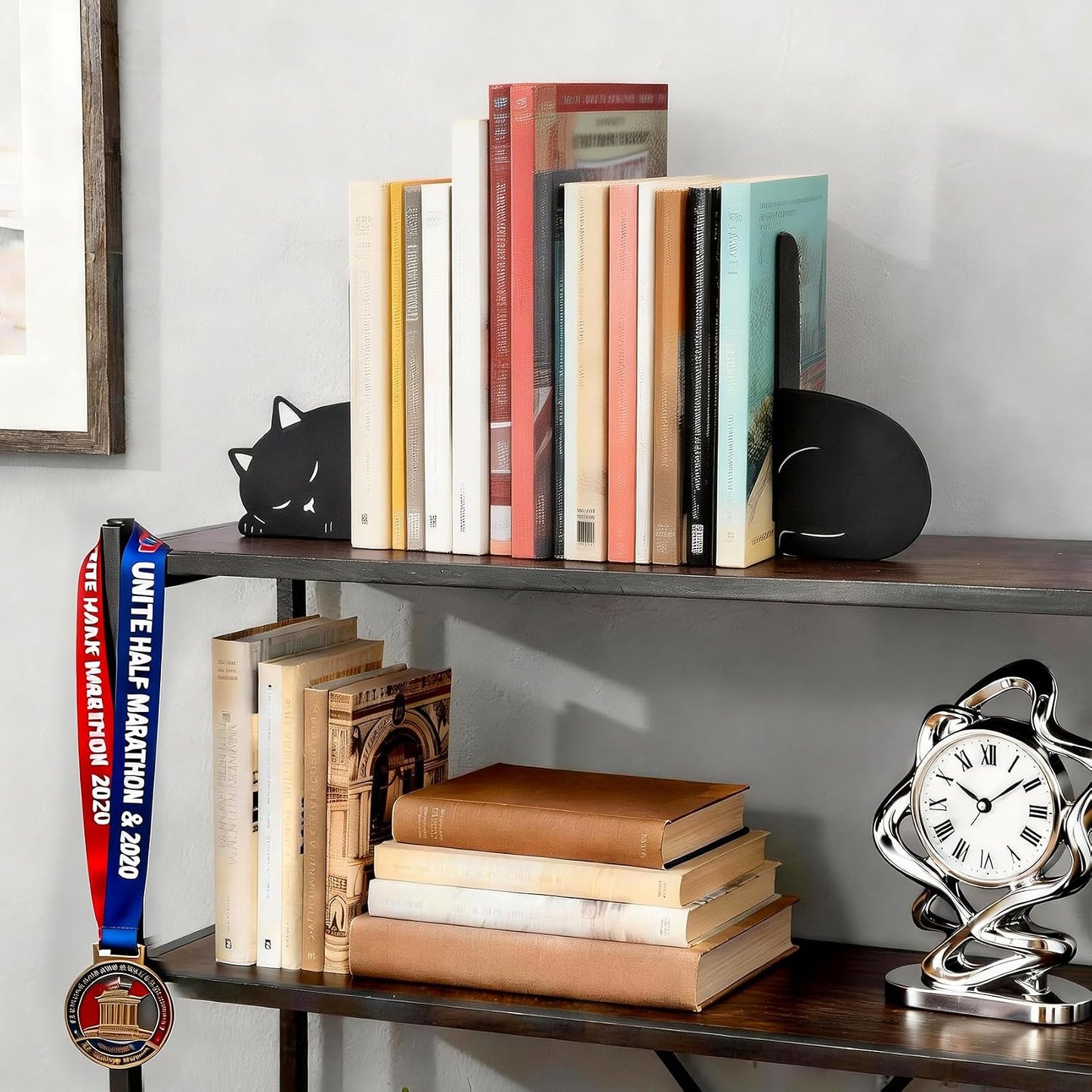 Decorative Metal Bookend / Sleeping Cat / Black