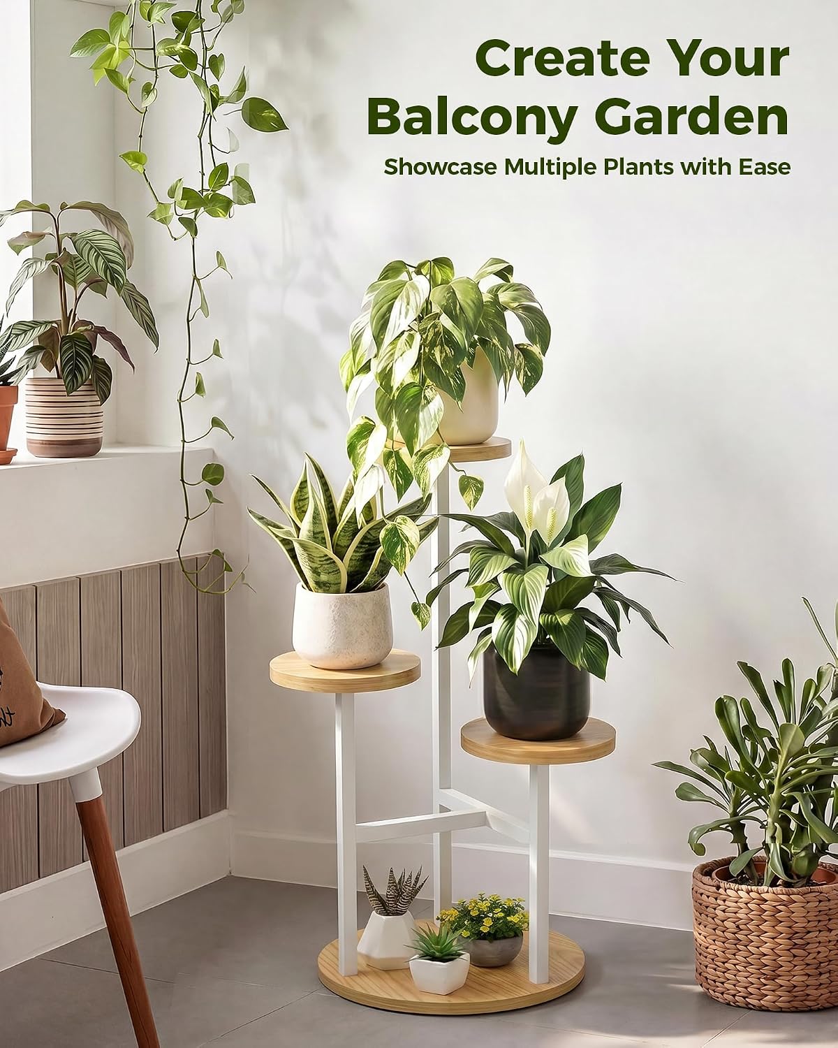 Bamworld Plant Stand Indoor Wood Plant Stand 3 Tier White | plant holders for Multiple Plants Tall Corner Plant Stands