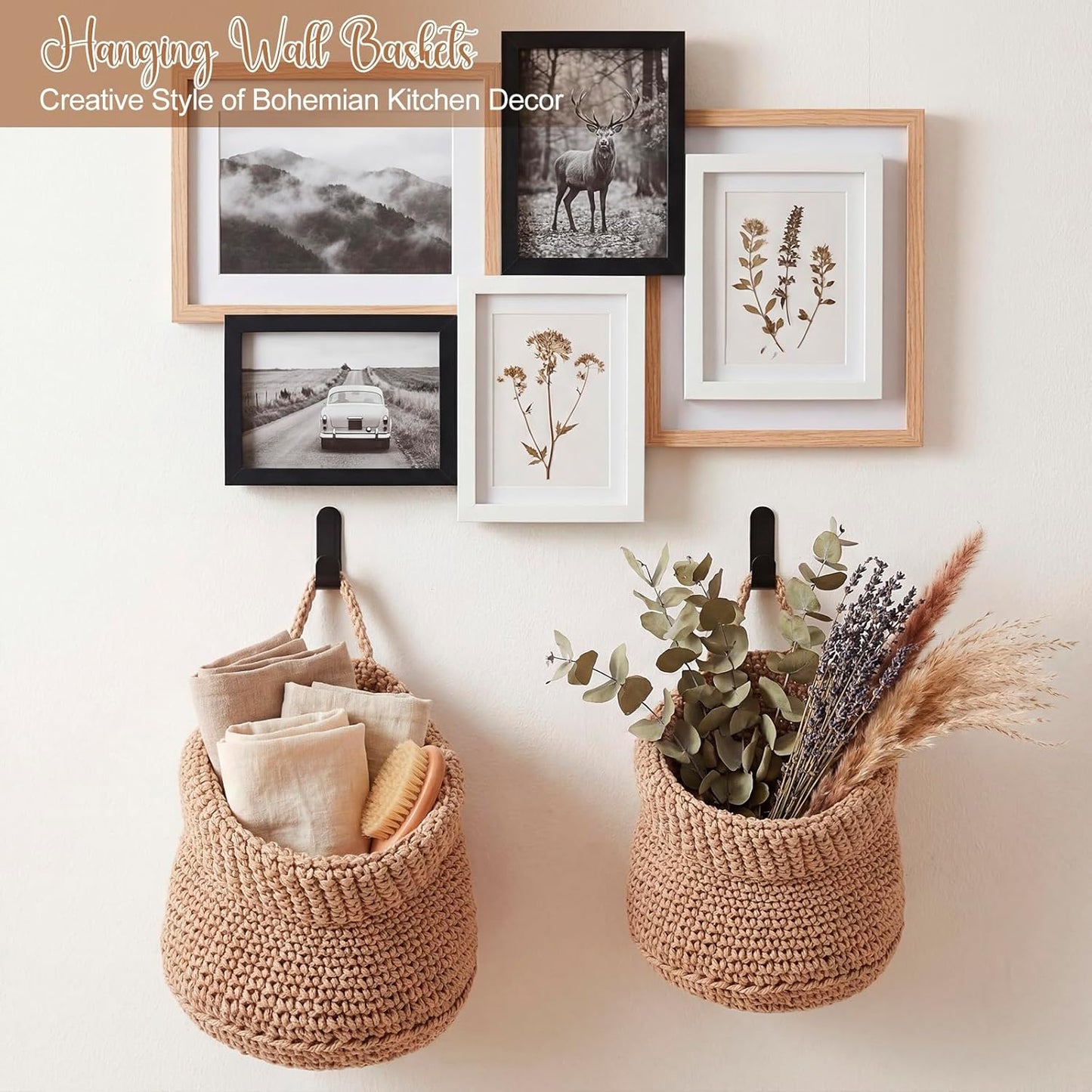 Boho Decor Hanging Wall Baskets / Linen / Cotton Rope / Barrel / Set of 3