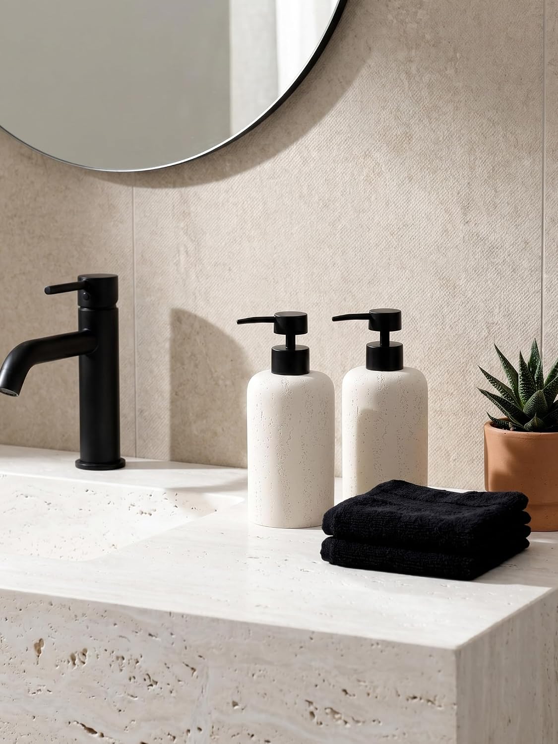 2 PCS Hand Soap Dispenser Set, 13.53 OZ, Cream, Faux Travertine | Luxurious,Dish Soap,Lotion,Shampoo and Conditioner
