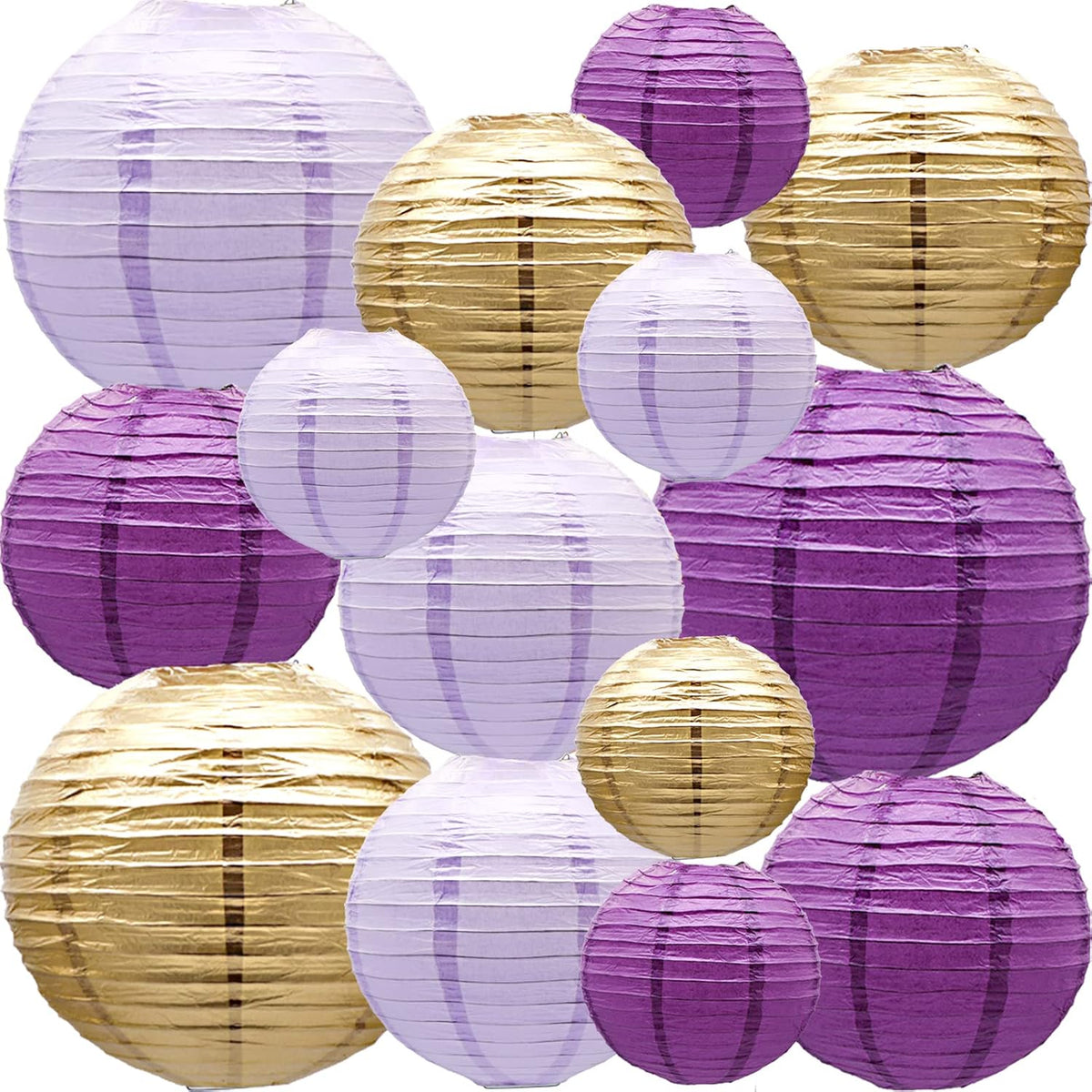 14 Pcs Purple Lavender Gold Paper Lanterns, 6-10 in Hanging Party Decor Set