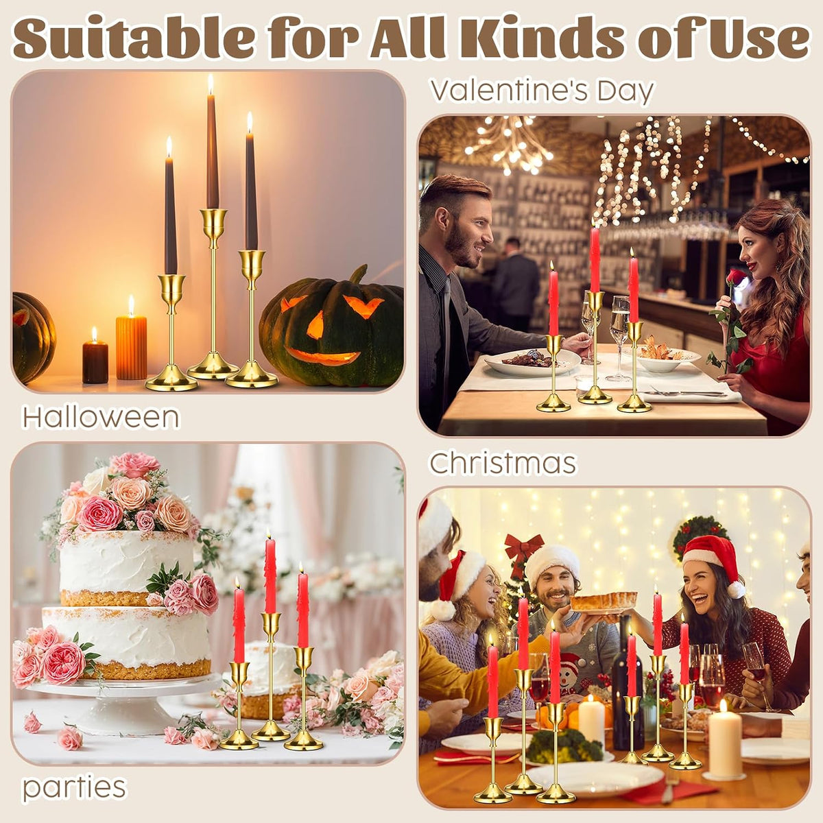 24PCS Brass Gold Taper Candle Holders Set, Metal Candlestick Holders | Plus Candle Snuffer, Tall Table Centerpiece