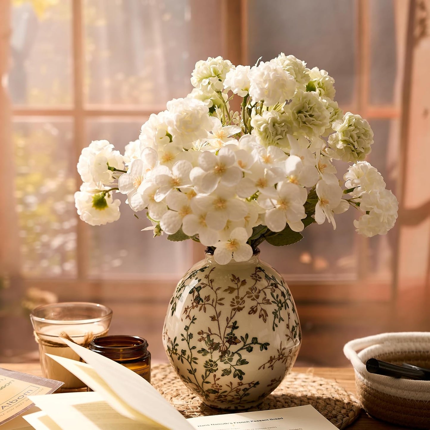 Rustic Ceramic Vase / Beige and Green- 5.83 / 5.83 Inch