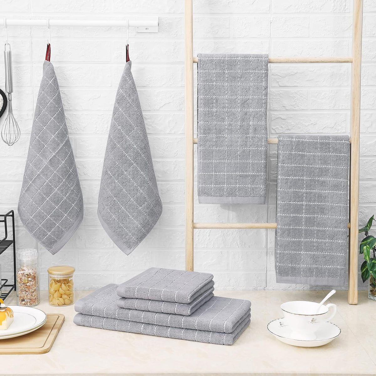 Homaxy Kitchen Towels and Dishcloths Set, Set of 16, Light Grey | Bulk Cotton Terry Kitchen Towels, Checkered Designed