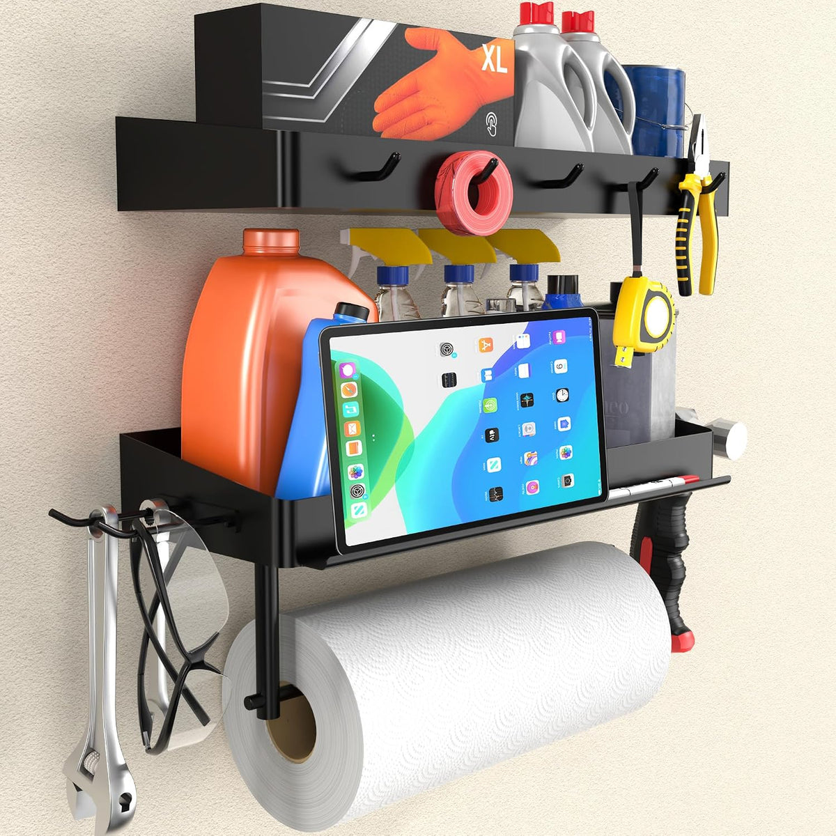 YIGII Heavy Duty Garage Paper Towel Holder with 2 Storage Shelves, Wall Mount Paper Towel Rack with Phone Holder &