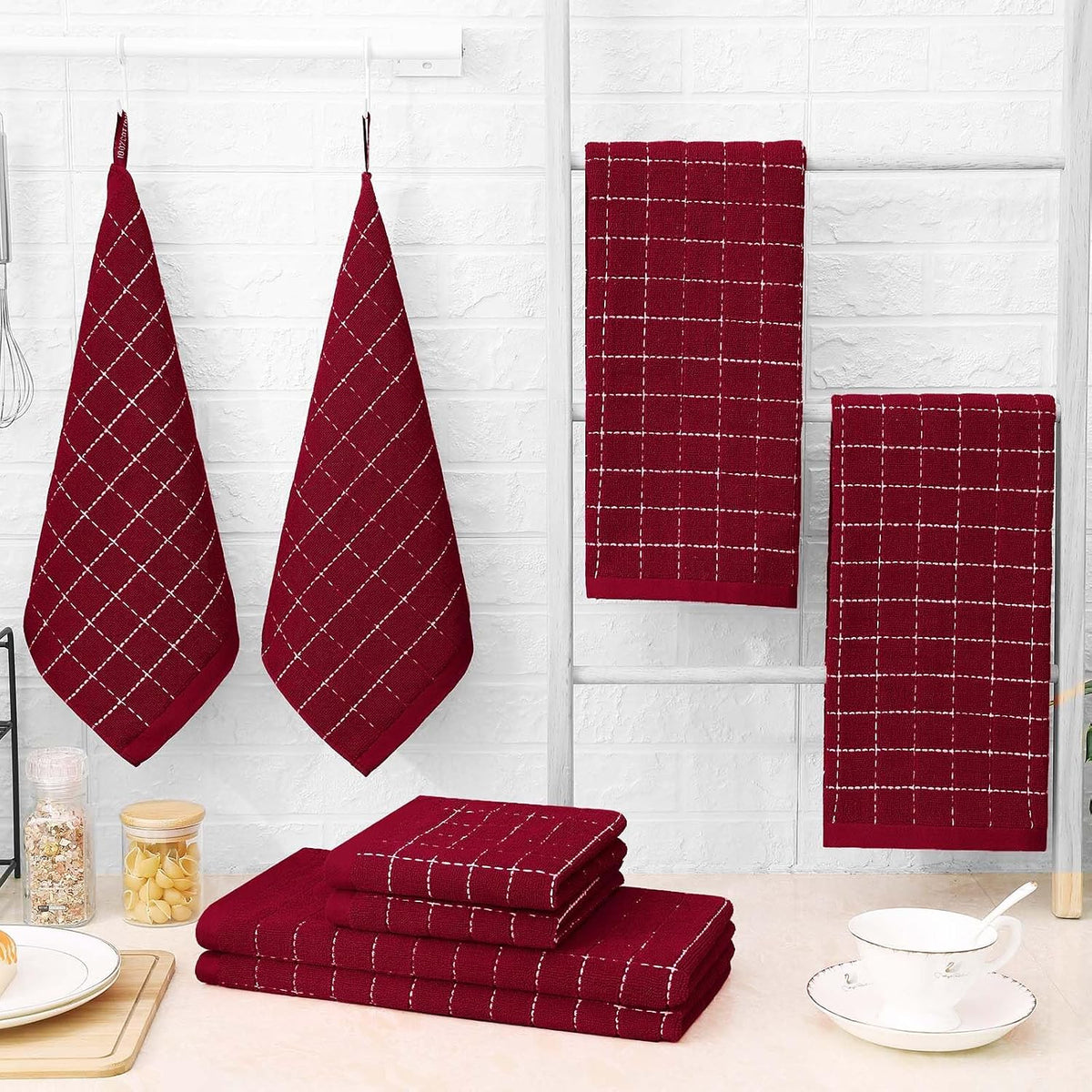 Homaxy Kitchen Towels and Dishcloths Set, Set of 16, Brick Red | Bulk Cotton Terry Kitchen Towels, Checkered Designed