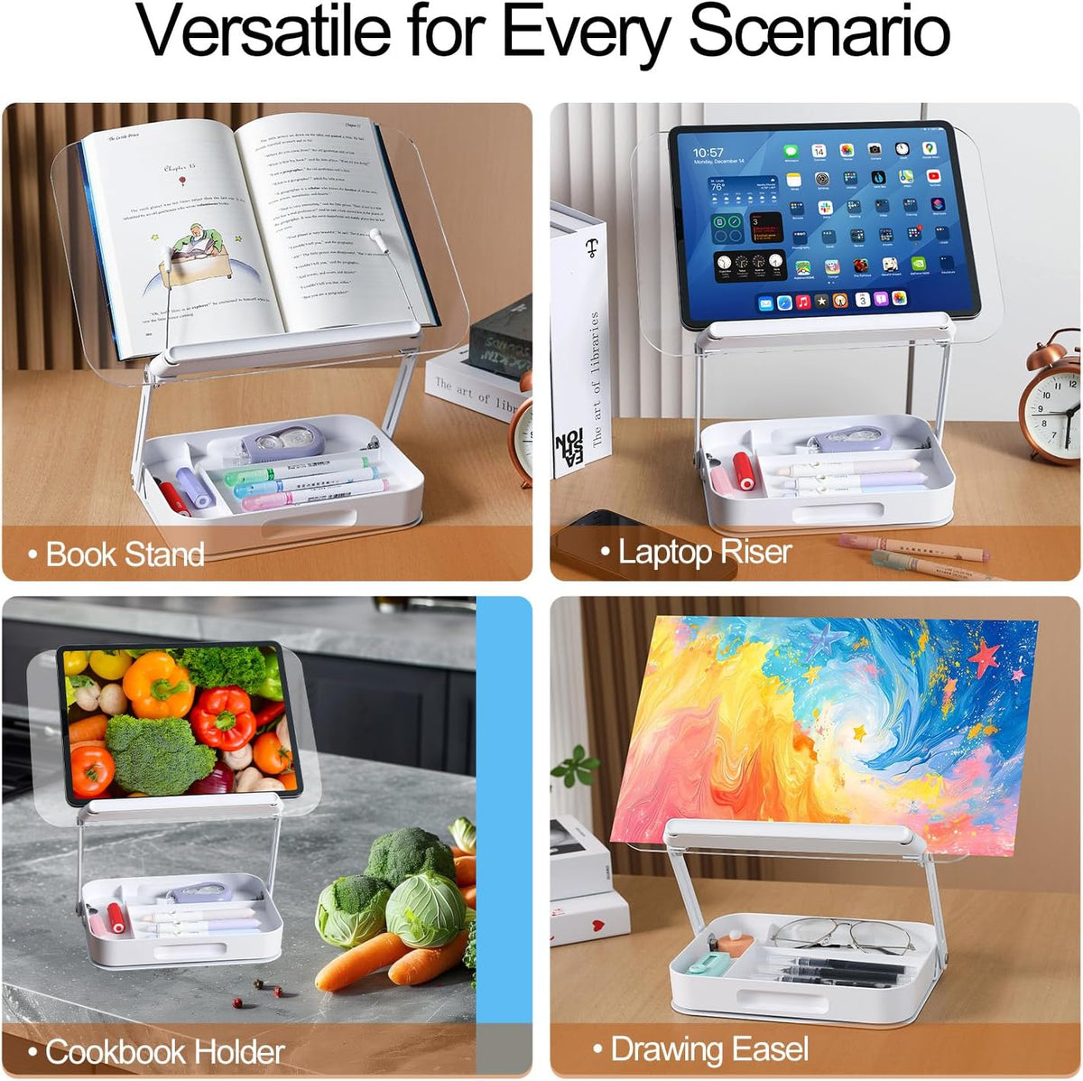 ZOEY Acrylic Book Stand for Reading Adjustable Book Holder with 360 Rotating Base and Storage Foldable Desktop Riser