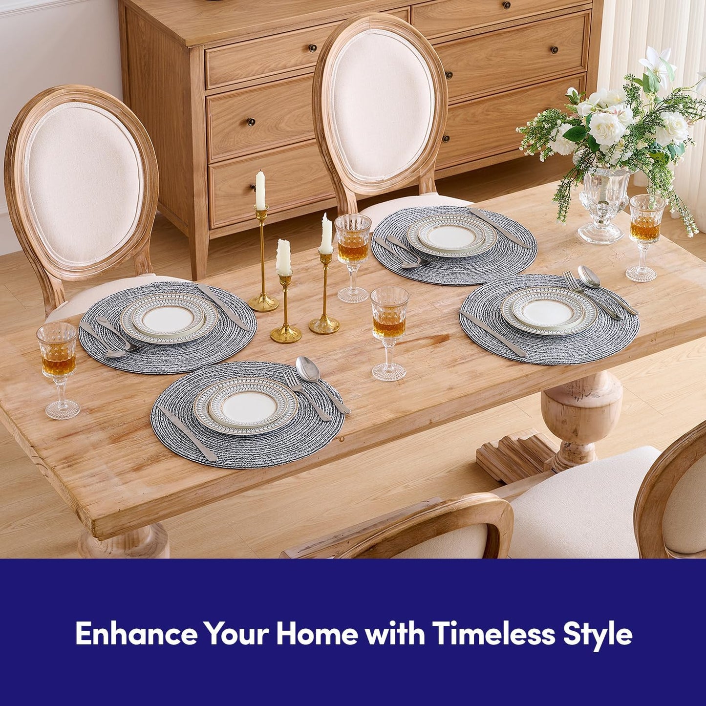 Round Placemats Set of 6-100% Cotton Two-Tone Placemat for Dining Table - Woven Braided Table Setting Place Mat