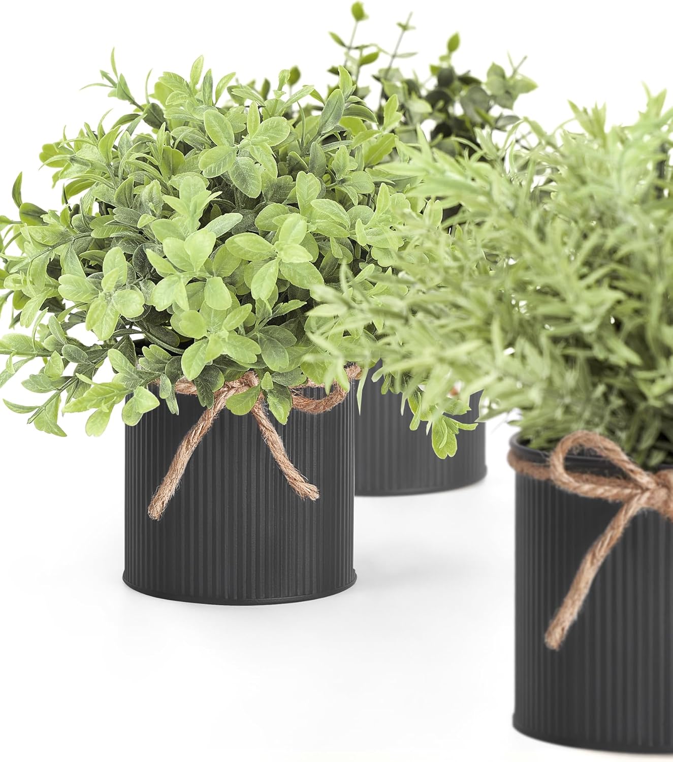 Small Fake Plants in Galvanized Metal Pots Artificial Eucalyptus Plants / Black / 3 Inch / Set of 3