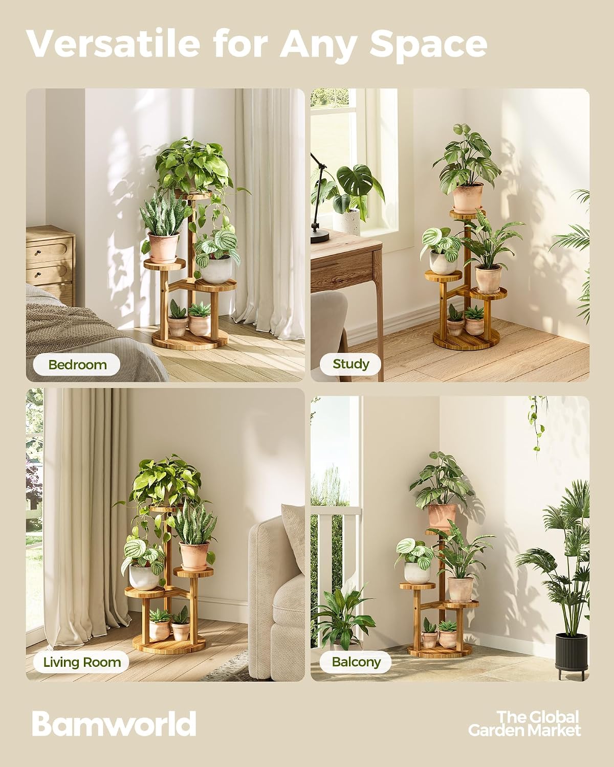Bamworld Plant Stand Indoor Wood Plant Shelf 3 Tier Brown | plant holders for Multiple Plants Tall Corner Plant Stands