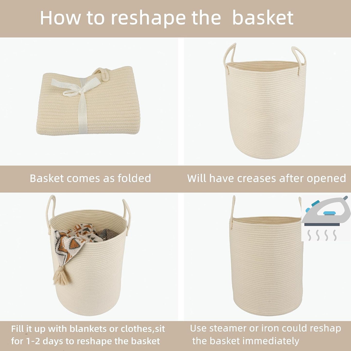 Cotton Rope Laundry Basket Hamper for Clothes Woven Storage Basket / Beige / Regular
