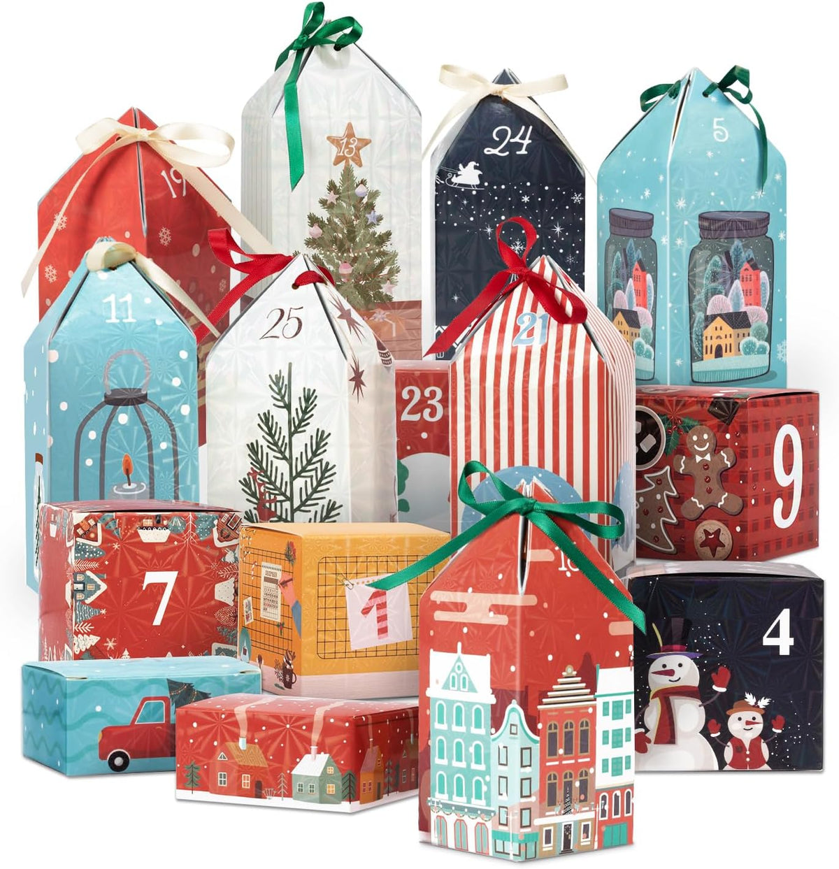 DIY Christmas Advent Calendar Boxes to Fill, 25 Numbered Empty Advent Calendar Houses Boxes, Countdown Advent Calendars Surprise Gift Boxes for Kids Family Friends, XMAS Holiday Decor -25 Designs
