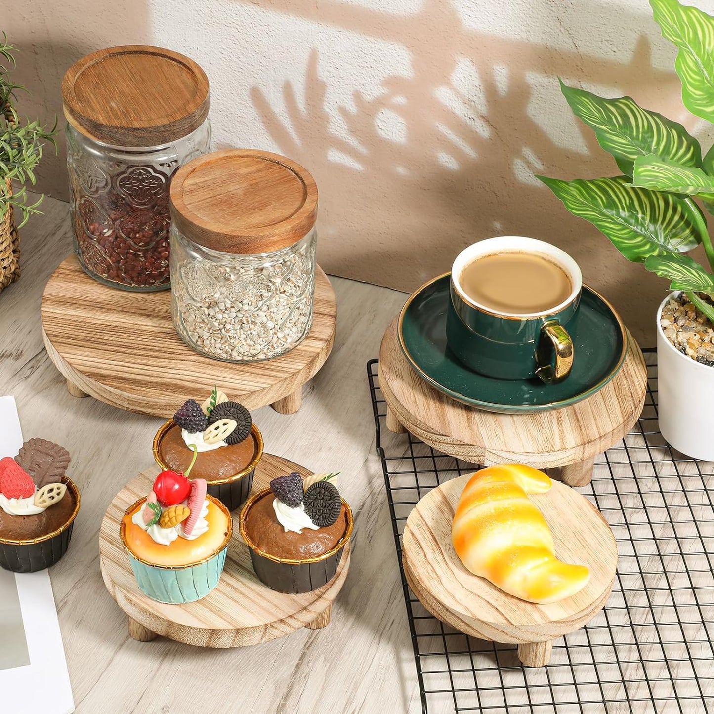 Wood Stool Round Pedestal Stand 8/7/6/ Mini Rustic Tiered Tray Riser Flower Pot / 5 Inch / Set of 4
